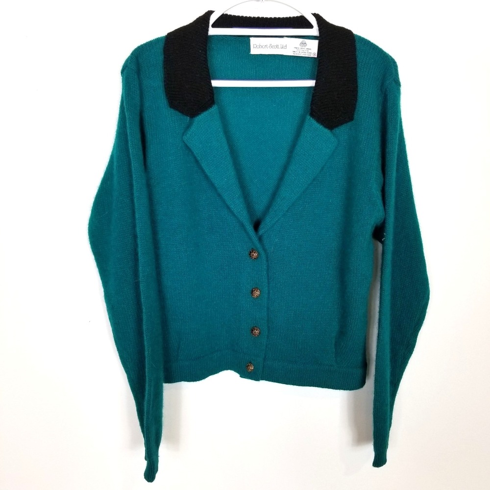 VTG Robert Scott‎ Women 100% Pure Wool Cardigan Sweater Sz M Button Up Teal